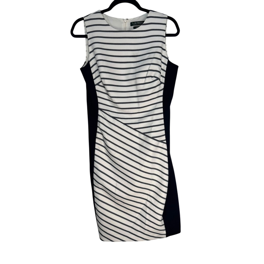 Lauren Ralph Lauren Striped Sheath Dress Navy White Sleeveless Knee Length Siz 8 - Picture 2 of 10